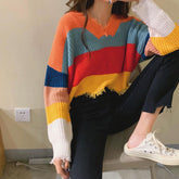 V-Neck Colorful Striped Tassel Sweater